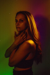 Moody Neon Portrait of Woman with Creative Lighting and Motion Blur
