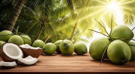 Photography of green coconuts and old coconuts on a wooden table with a tropical coconut tree garden and warm sunset light in the background