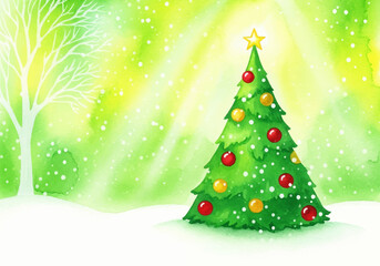 festive holiday watercolor background illustration of a decorated christmas tree with falling snow and a bright star on top, ideal for seasonal greetings
