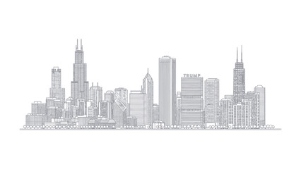 Fototapeta premium Chicago City Skyline Silhouette: A clean silhouette of a city skyline showcases the majestic towers and buildings. A timeless panorama of the urban landscape.