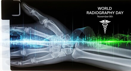 Advanced medical imaging reveals bone structure with vibrant digital wave overlays celebrating World Radiography Day