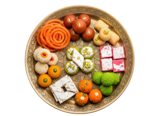 Assortment of indian sweets and desserts arranged in a traditional platter isolated on transparent background