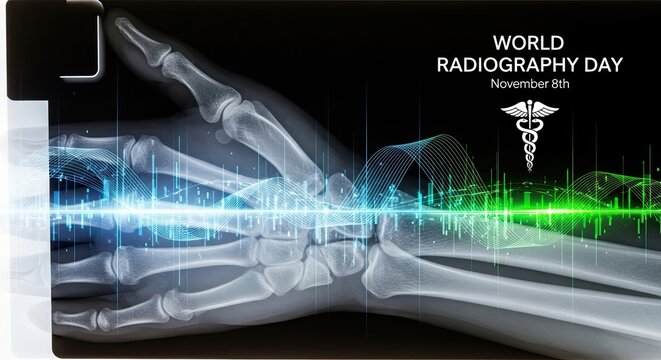 Advanced medical imaging reveals bone structure with vibrant digital wave overlays celebrating World Radiography Day
