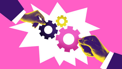 Modern collage. Hands assembling colorful gears on pink background with photocopy texture. Concept...