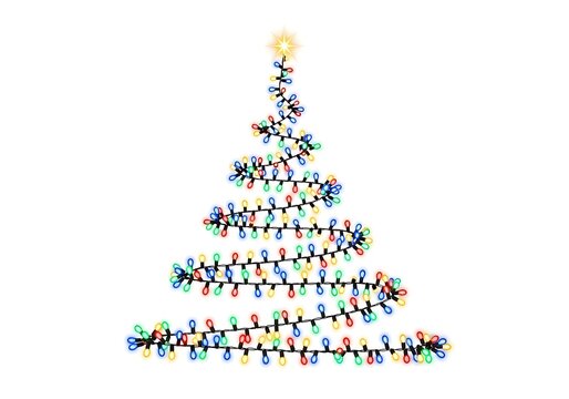 Christmas tree made of colorful string lights isolated on white background