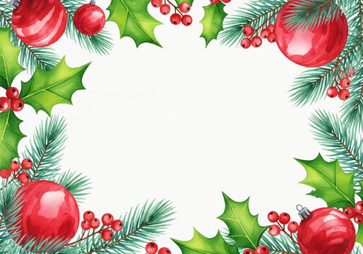 festive watercolor holiday background with christmas ornaments and pine branches for design