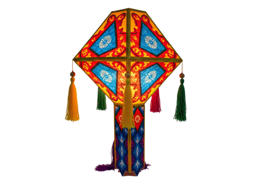 Traditional ornate colorful paper lantern with tassels hanging isolated on transparent background