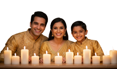 Happy indian family celebrating diwali festival with lit diyas and candles isolated on transparent background