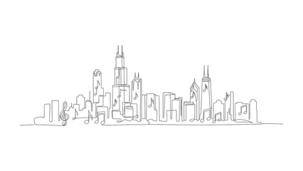 Chicago Skyline Silhouette: A minimalist, artistic line drawing captures the essence of a city's architectural silhouette. The artwork presents the cityscape's structures in a simple, elegant outline.