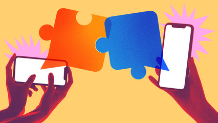 Collage with film grain effect. Two smartphones connecting puzzle pieces. Concept of integration,...