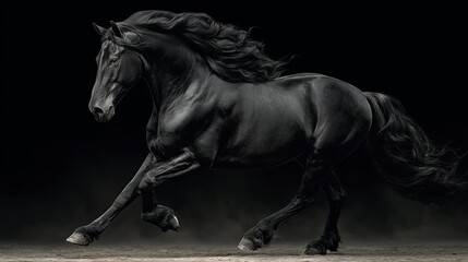 Elegant Black Horse Running Through Dust