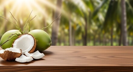 Photography of green coconuts and old coconuts on a wooden table with a tropical coconut tree garden and warm sunset light in the background