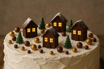 Winter cake with chocolate houses, snowy frosting, festive trees, ideal for bakery promotion, holiday advertising, seasonal menu design, lifestyle branding, event planning,