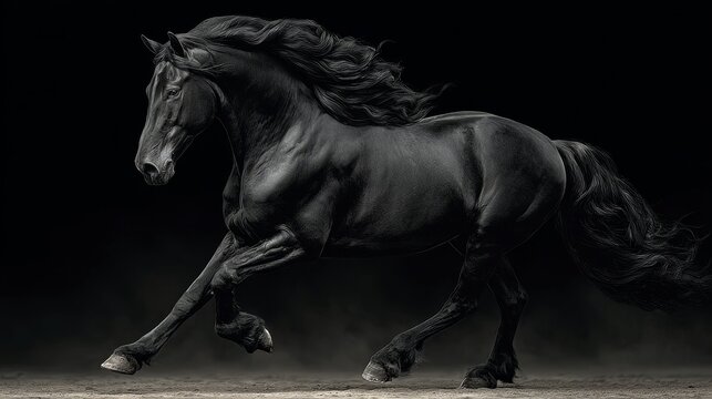 Elegant Black Horse Running Through Dust - Powered by Adobe
