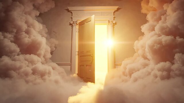 Mysterious doorway emerging from swirling clouds