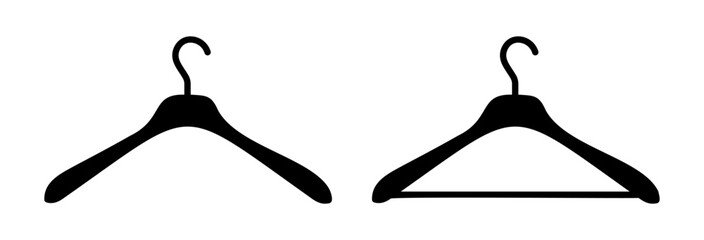 Hanger wardrobe icon set. Cloakroom black silhouette simple pictogram collection. Clothes rack, service symbol. Dry cleaning pattern, clothing store flat sign.