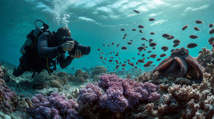 Underwater photographer taking pictures of a rare octopus camouflaging on coral, professional gear and natural realism