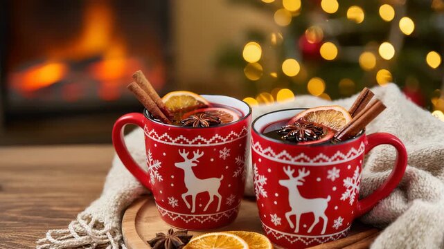 Hot mulled wine served in red holiday mugs with deer patterns, garnished with cinnamon, orange, and star anise. Warm cozy atmosphere with Christmas tree and fireplace. Seasonal drink.