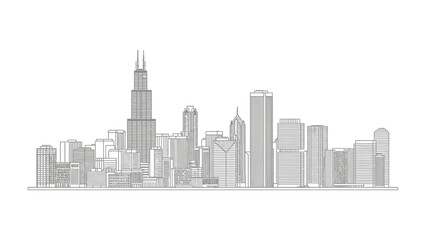 Naklejka premium Skyline Silhouette: A monochromatic silhouette of a bustling cityscape, where skyscrapers reach towards the sky. The image offers a modern, sleek perspective.