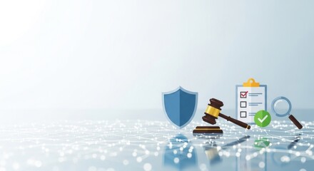 A blue shield with a golden gavel and a green checkmark on a white background.