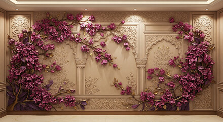 3D Mughal-Style Floral Tapestry Mural with Cascading Bougainvillea and Jasmine – Intricate Design with Delicate Swirling Vines. Bougainvillea Mughal 3D Floral Mural