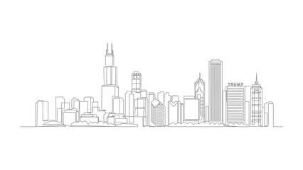 Naklejka premium Chicago Skyline Outline: Capturing the silhouette of an iconic city skyline with a minimalist line art style, showcasing the essence of urban architecture and design.