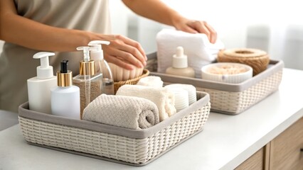 Organized bathroom essentials on a countertop in woven baskets.