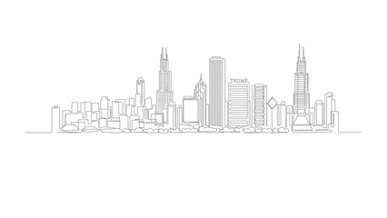 Fototapeta premium Chicago Skyline Illustration: A minimalistic line drawing showcases the architectural marvel of a famous city skyline, presenting the iconic buildings and urban landscape in a sleek and modern style.