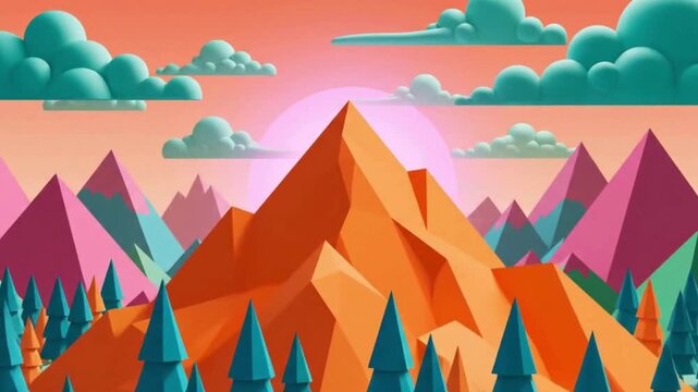 Abstract vector fantasy landscape &ndash; geometric hills & stylised trees, bold orange-teal-pink-green palette, minimalist clean design