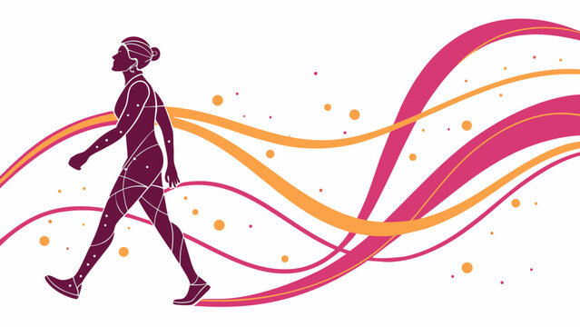 Woman walking with dynamic colorful waves symbolizing energy, movement and health