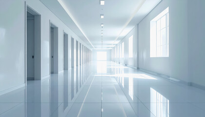 Bright and spacious hallway with polished white floors and walls evoking a sense of cleanliness and openness