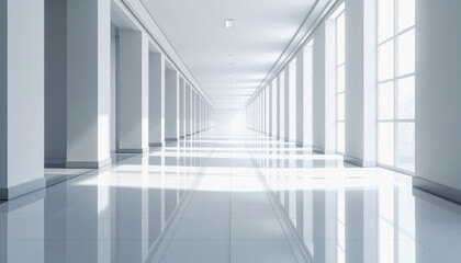 Obraz premium Vast and inviting hallway featuring bright white walls and polished floors illustrating a clean and modern space