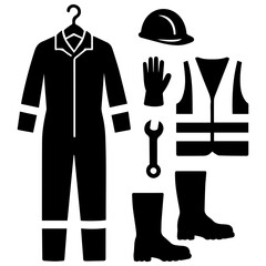 set of personal protective equipment and workwear: coveralls on a hanger, hard hat, gloves, high-visibility safety vest, wrench, and heavy boots&mdash;ideal for construction, industry signage, manuals.