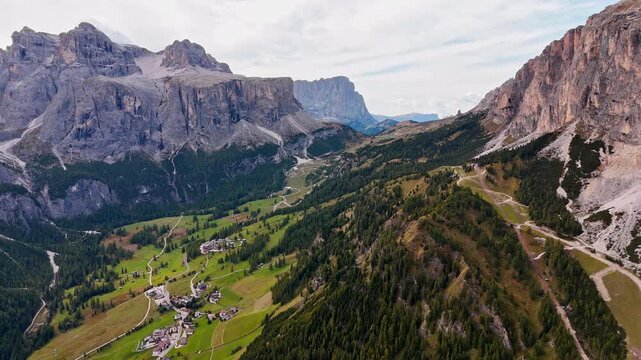 Beautiful Dolomites mountains Italy. Alta Badia, Alto Adige, Val Gardena in Dolomites Mountains. Gardena Pass in the Bolzano province. Dolomites. Sassongher Mountain peak Furcela de Ciampei 