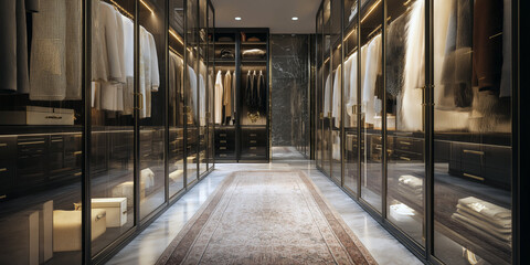 Boutique-style walk-in closet with glass doors, long carpet runner and curated luxury fashion items