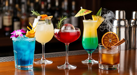 Assortment of Colorful Cocktails A Refreshing Display on a Bar