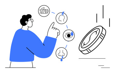 Person interacting with symbols for touch, taste, sight, smell, and hearing near a falling coin. Ideal for decision-making, psychology, senses, communication cognitive thinking education simple