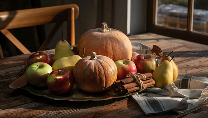 Autumn Harvest Still Life Pumpkins, Apples, and Cinnamon on Wooden Table