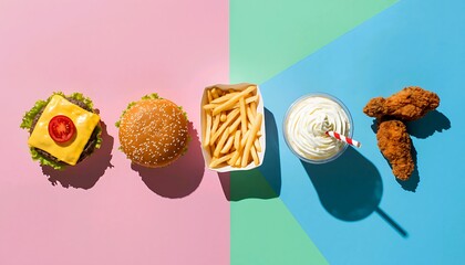 Top view of delicious fast food meal with burger, fries, chicken wings, and milkshake on a colorful pink and blue background