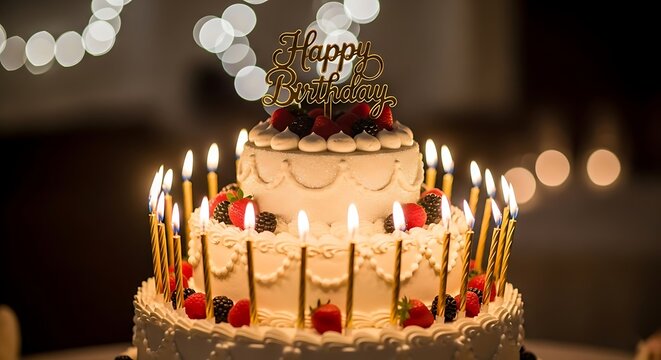 Elegant birthday cake with lit candles and festive decoration - Powered by Adobe