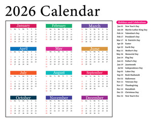 2026 year calendar with holidays and dates. Colorful 2026 calendar grid with year display