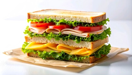 A freshly prepared, visually appealing stacked sandwich, featuring multiple layers of premium deli meat, crisp lettuce, ripe tomatoes, and savory cheese, ideal for a satisfying lunch or quick bite