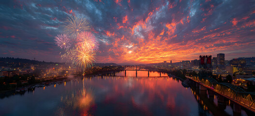 Flashing fireworks on a dramatic sunset sky with Portland, OR cityscape with Willamette river and Hawthorne bridge