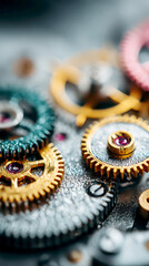 Fototapeta premium Macro Close-up of Colorful Watch Movement Gears with Rubies and Metallic Dust