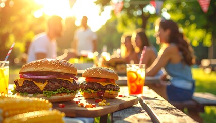 Delicious gourmet cheeseburgers and grilled corn on the cob served outdoors at a vibrant summer garden party with friends enjoying a sunny afternoon barbecue