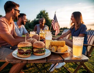 Friends Enjoying a Summer Barbecue with Burgers, Corn, and Drinks Outdoors with the American Flag