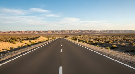 View of the highway stretching straight across the desert with a background of desert hills, kaptuus trees and bushes