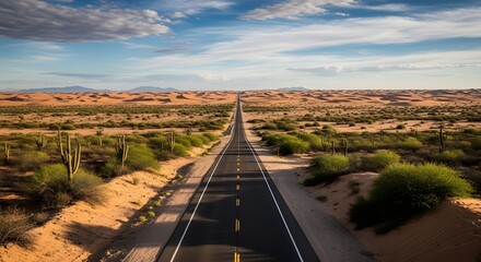 Photo of the highway stretching straight across the desert with a background of desert hills, kaptuus trees and bushes