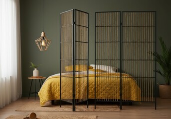 Bedroom interior design features a folding screen providing partial privacy for a bed covered with yellow bedding