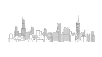 Chicago Skyline in Silhouette: A sleek, monochrome representation of a famous city skyline, evoking the architectural prowess and urban vitality of one of the world's greatest cities.